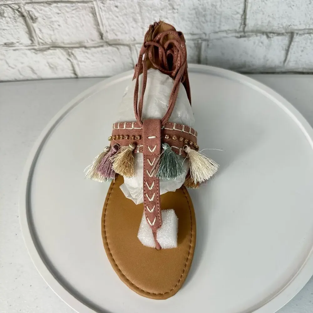 Qupid Archer Sandals Size 6 Boho Faux Leather Tassel Wrap Embroidered Pink